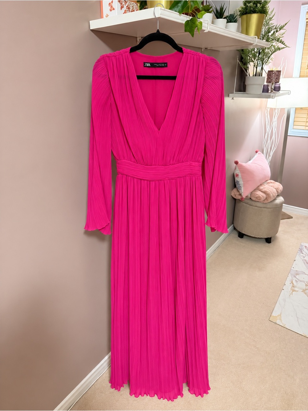 Zara Fuchsia Pleated V-Neck Long Sleeve Maxi Dress